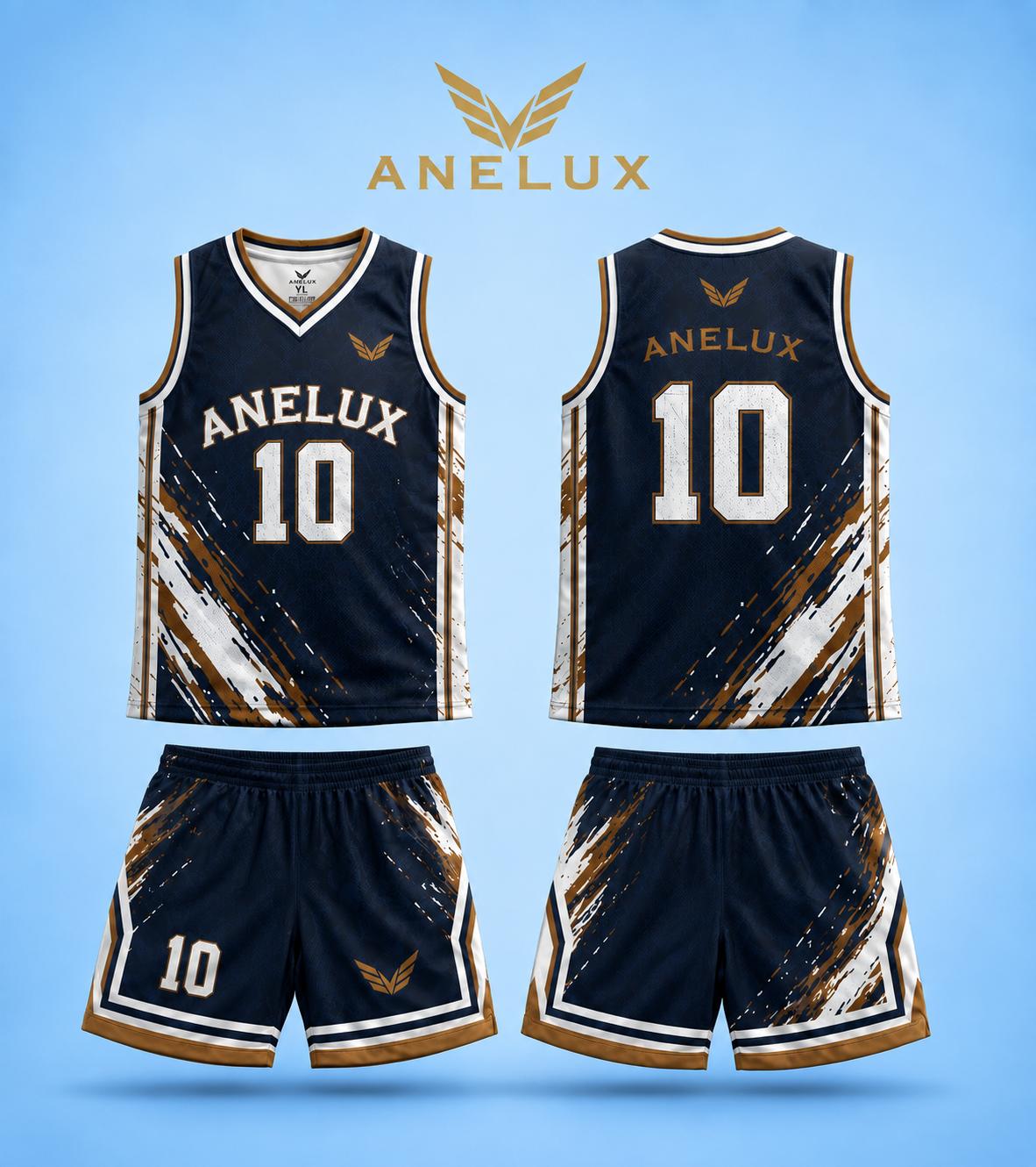 Navy, white and gold custom basketball uniform with matching shorts by ANELUX Athletics