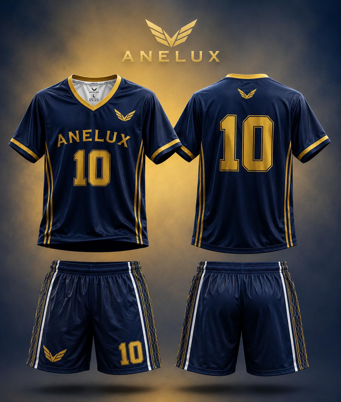 Navy and gold custom soccer kit with jersey and shorts by ANELUX Athletics
