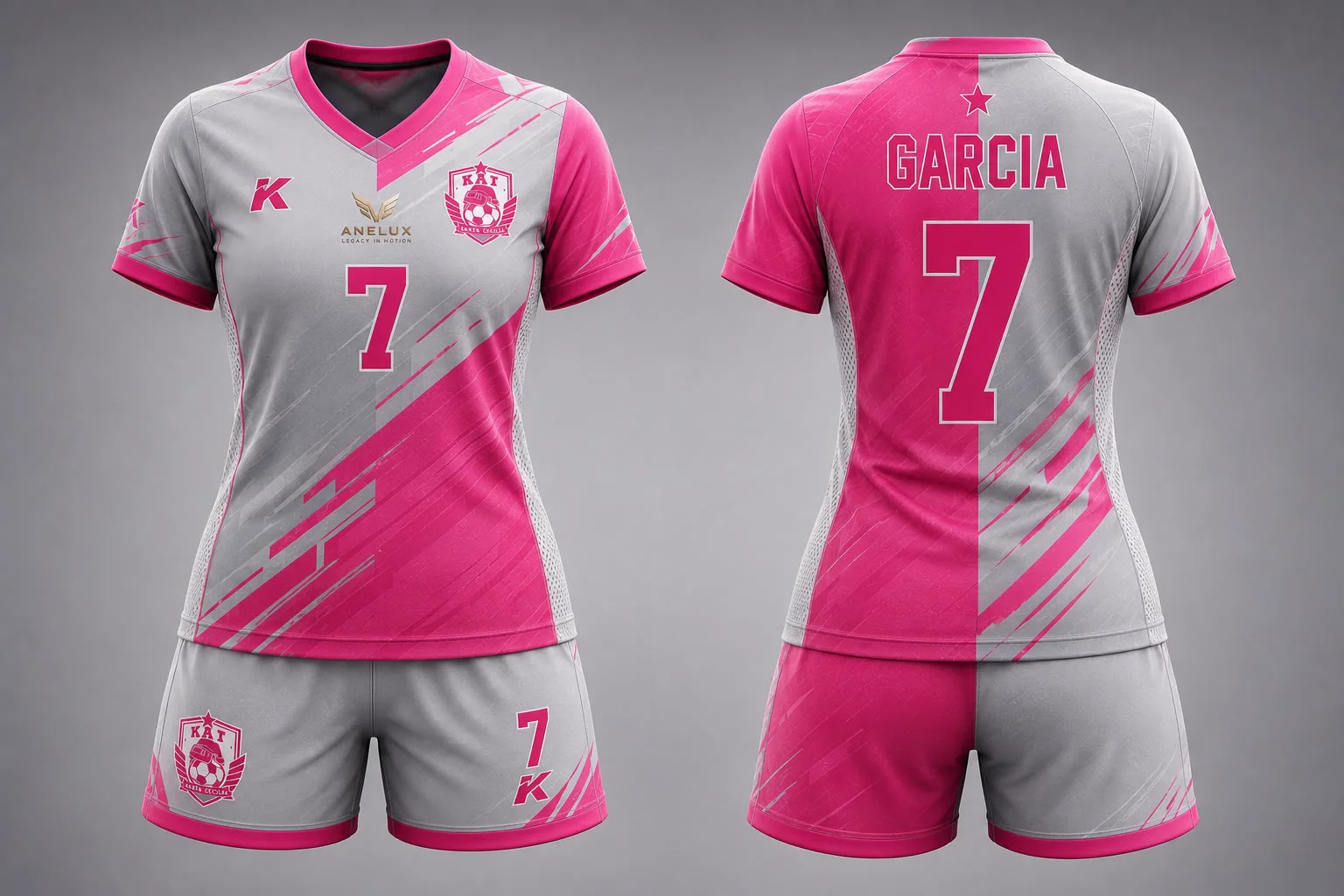 Pink and gray women's custom soccer uniform concept by ANELUX, shown front and back