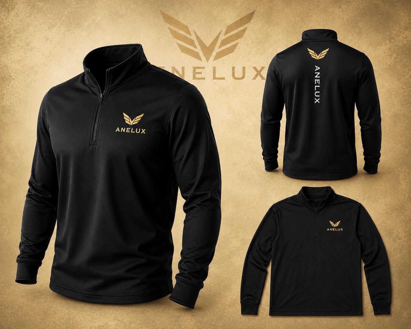Black custom quarter-zip performance pullover with gold logo, front and back, by ANELUX Athletics