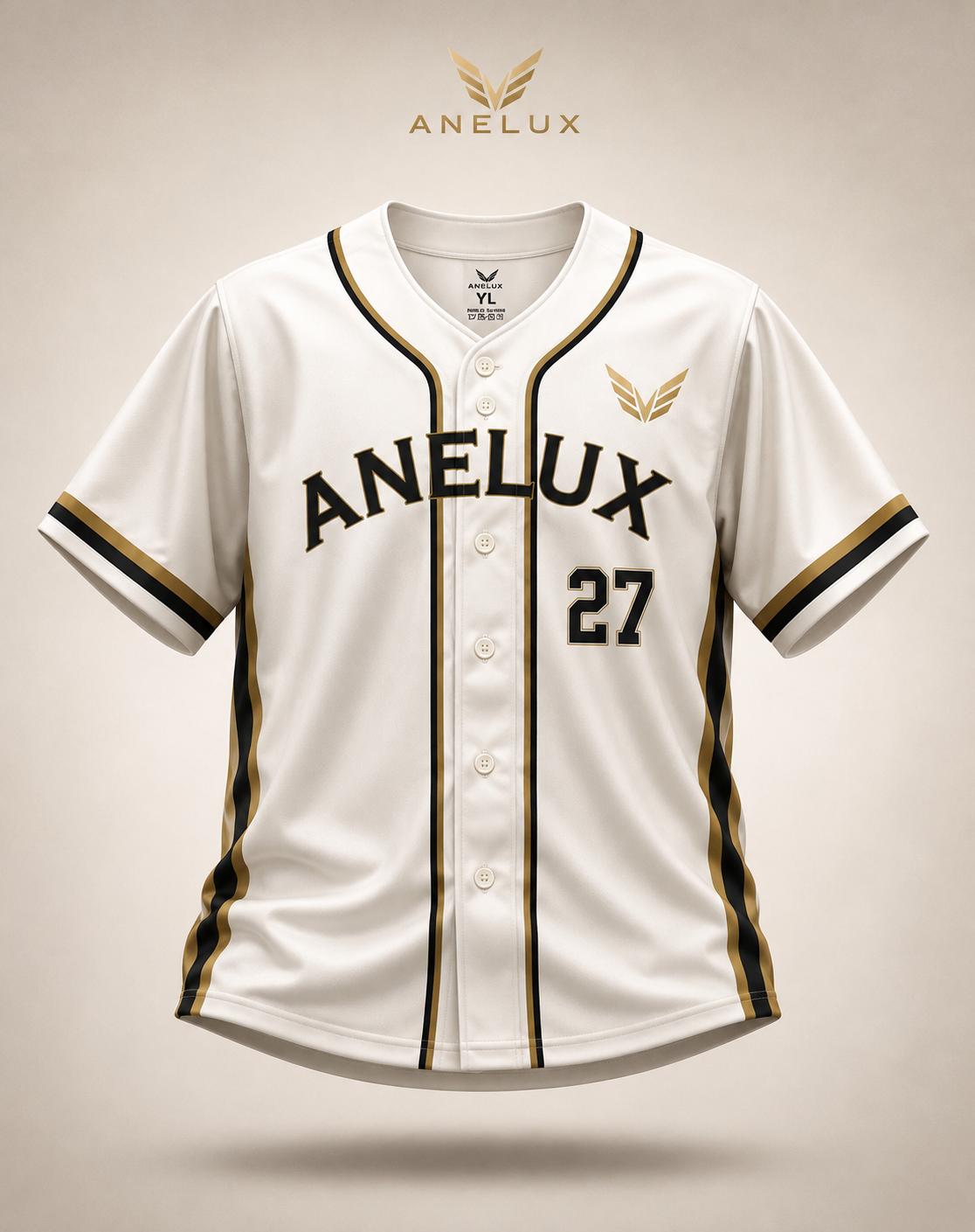 White, black and gold custom baseball jersey by ANELUX Athletics