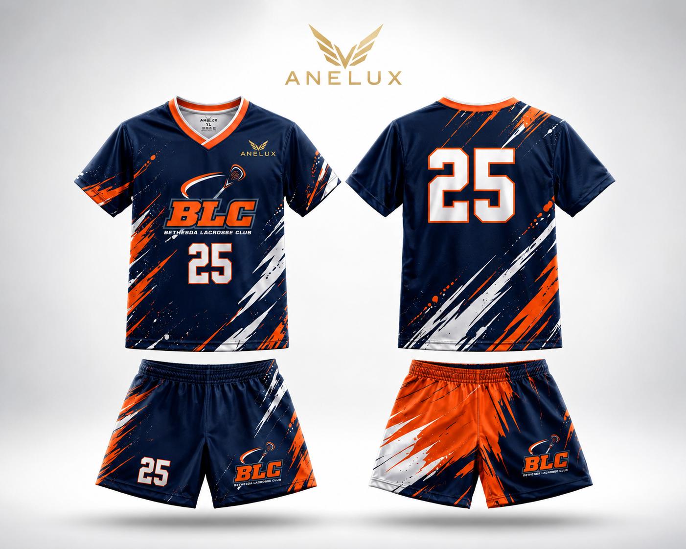 Navy, orange and white custom lacrosse jersey and shorts, front and back, by ANELUX Athletics