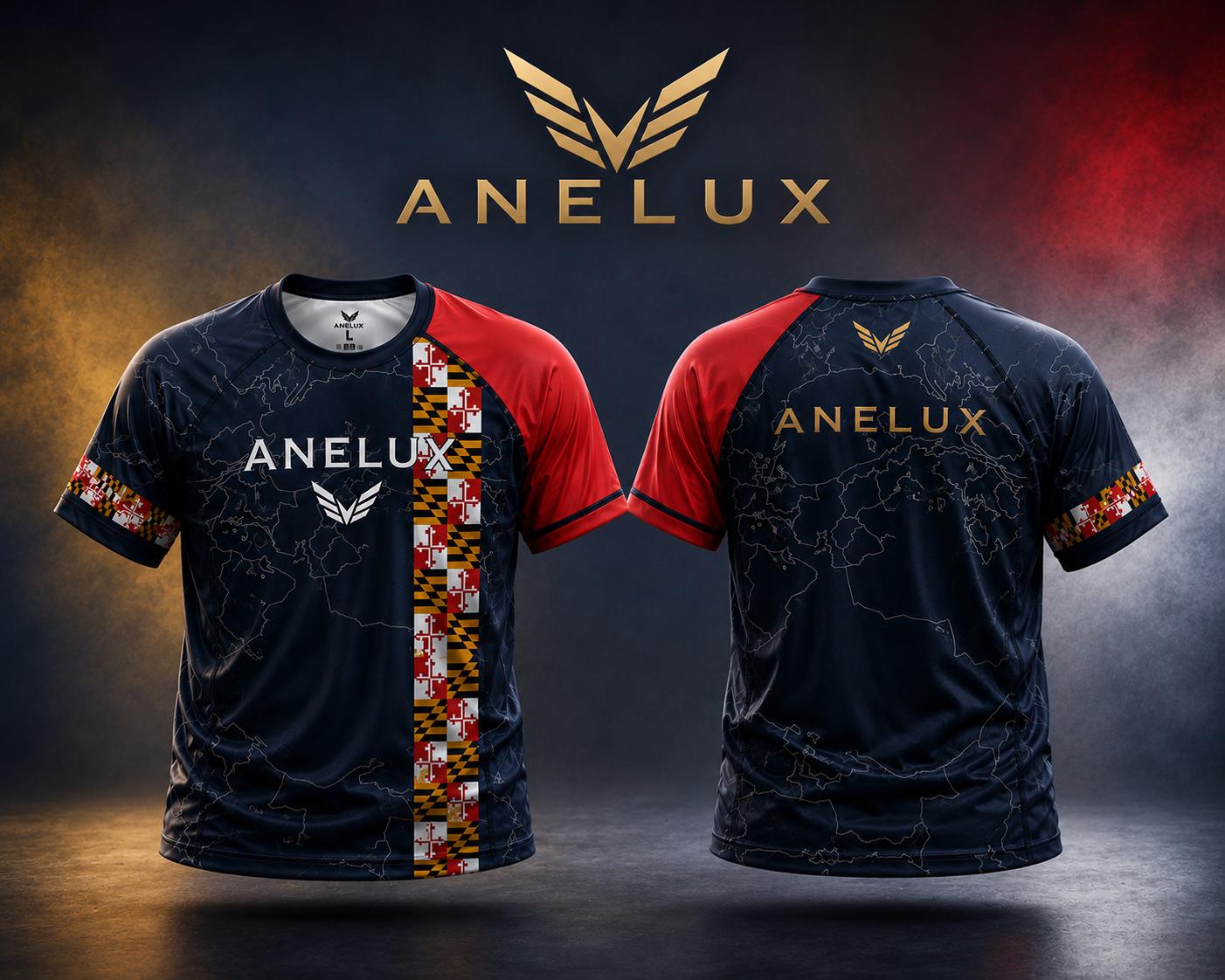 Navy and red Maryland-inspired custom performance top, front and back, by ANELUX Athletics