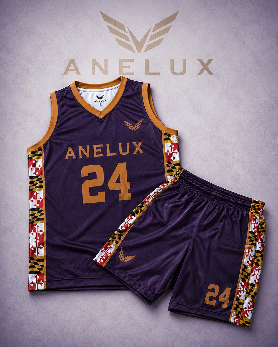 Purple and gold custom lacrosse uniform with jersey and shorts by ANELUX Athletics