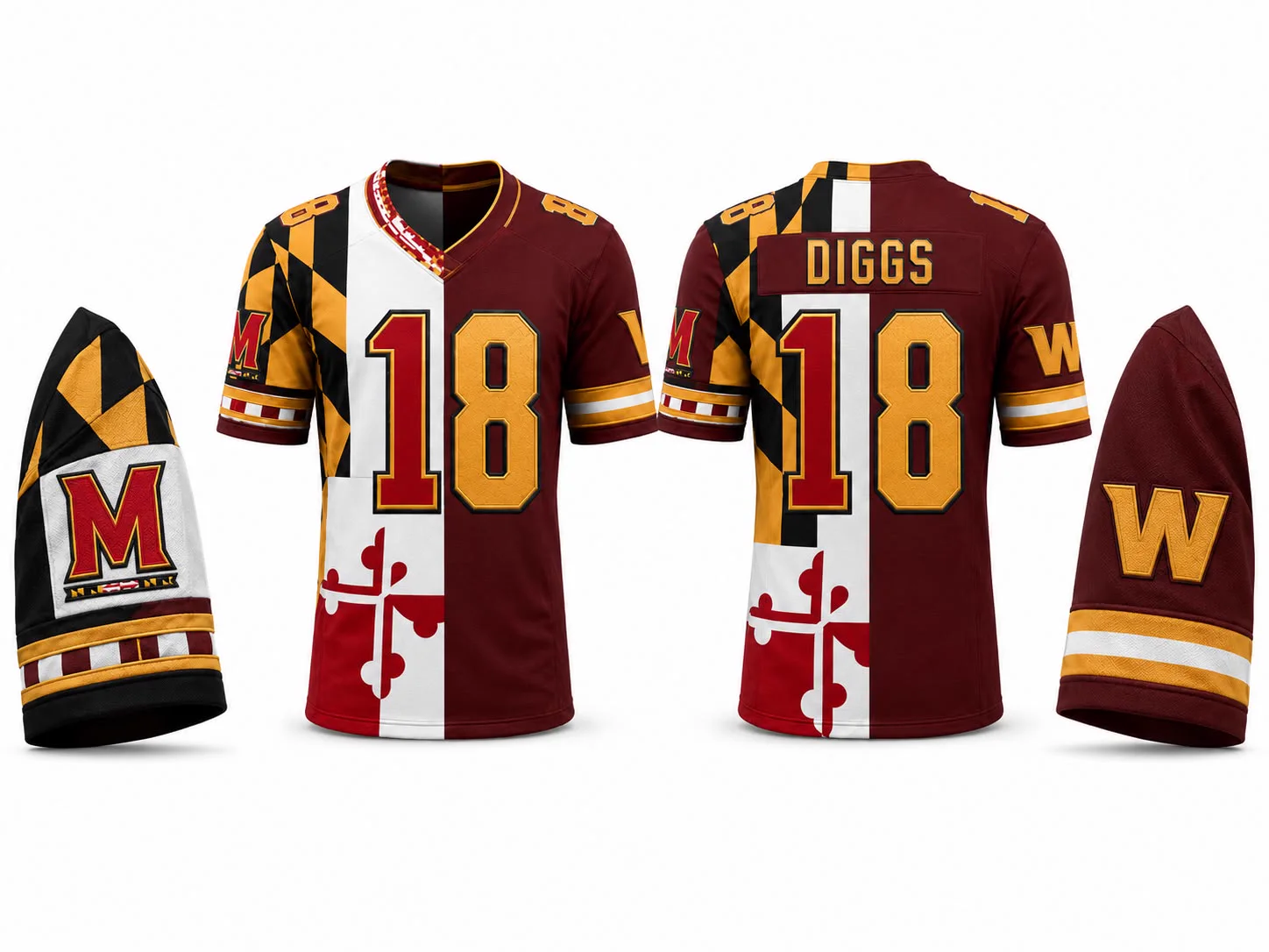 Burgundy, gold, black and white DIGGS number 18 custom American football jersey shown front and back