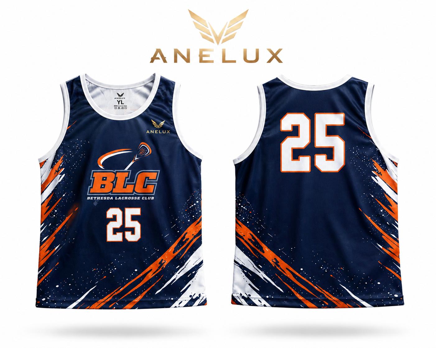 Navy and orange custom lacrosse uniform by ANELUX Athletics