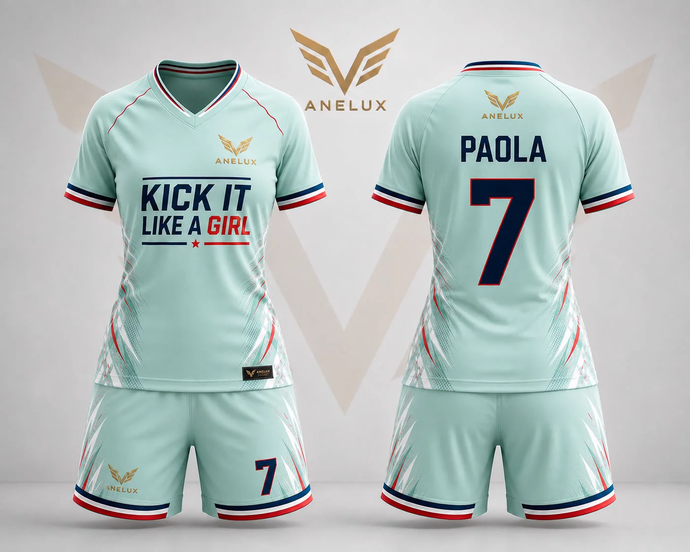 Mint, navy and red women's custom soccer uniform concept by ANELUX, shown front and back
